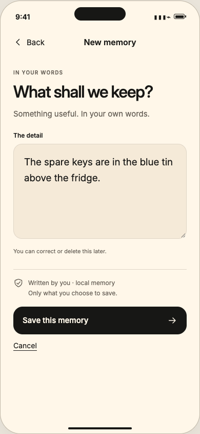 The New memory screen: What shall we keep? The detail reads: The spare keys are in the blue tin above the fridge.